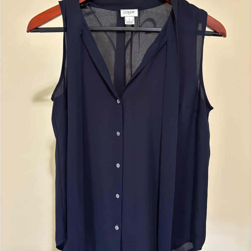J. Crew Blue Sleeveless Blouse with Tie Collar